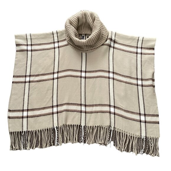 APT 9 Plaid Poncho Ribbed Knit Cowl Neck Fringed Hem One Size Beige 219C - Picture 5 of 7